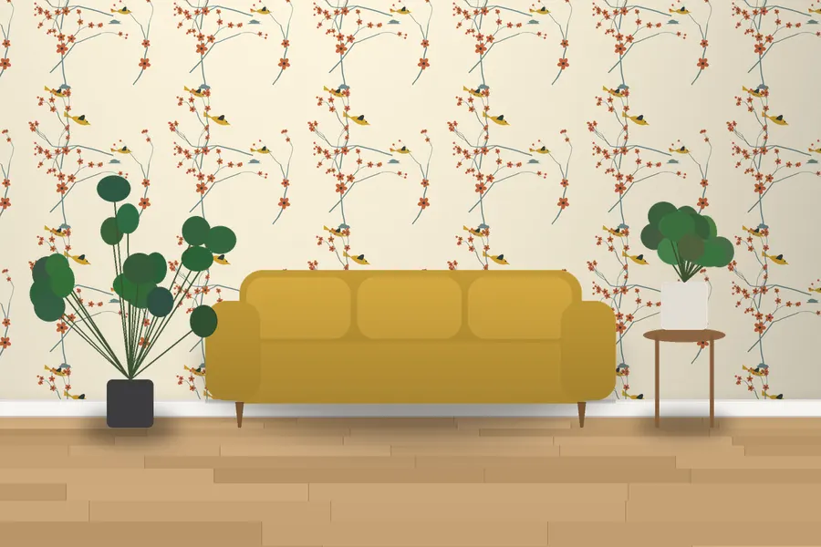 Zinnia Songbird Wallpaper in Mustard Mid