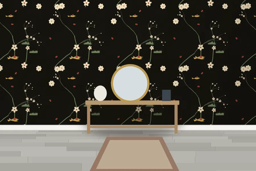 Chiswick Silk Aviary Wallpaper in Black Lacquer