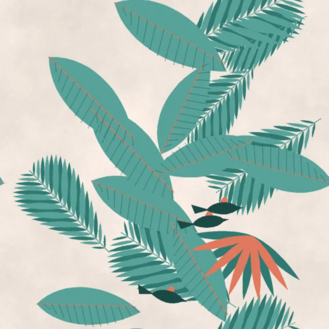 Glynde Monsoon Leaf Wallpaper in Coral Lagoon